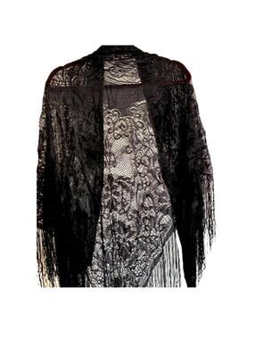 Vintage Black Lace Fringe ELWIN Triangle Shawl Boho Goth Evening Wrap
